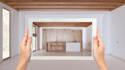 Wall Mural - augmented reality concept. hand holding tablet with ar application used to simulate furniture and de