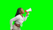 Leinwandbild Motiv Art collage. A woman with a megaphone on free green screen Background. Promotion, action, ad, job questions, discussion. Vacancy. Business concept, communication, information, news.