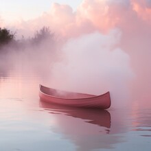 The Glimmering Lake Shimmers Under A Sunrise Sky, Its Still Surface Reflecting The Surrounding Landscape And A Solitary Boat Gliding Effortlessly Through Its Fog-filled Waters World Outdoor Adventure