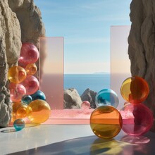 A Vivid Landscape Of Towering Mountains, Cascading Water, And Vibrant Artistry Of Painted Rocks And Colored Balls Fills The Sky, Inviting Viewers To Experience A Unique Outdoor Beach Atmosphere