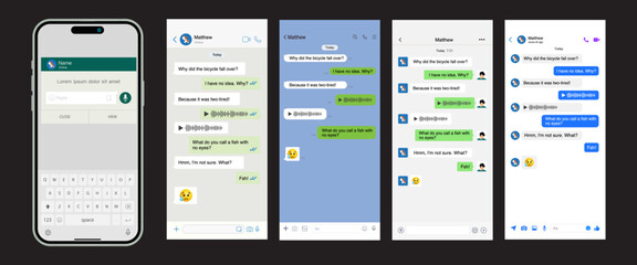 Poster - Smart Phone chatting messenger and SMS template bubbles.Vector chatting screen in mobile communication illustration. Chat app template. Modern realistic white and black smartphone. Vector.