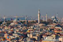 Aerial View Of Beyazit Tower, Beyazit Mosque And Suleymaniye Mosque, Istanbul, Turkey.