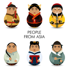 Wall Mural - Design tilting toy. Residents of Asian countries in historical costumes. Asian people. Modern kawaii dolls for your business project. Vector.