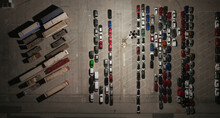 Aerial View Of A Big Parking Area With Camions And Cars At Night In Grao, Valencia, Spain, Grao, Valencia, Spain.