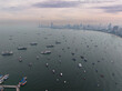 Aerial view of Pattaya port Bay at sunrise, Chonburi, Thailand.