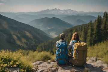 Hikers with backpacks enjoy the view of the valley from the top of the mountain. Back view.