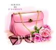 Beautiful fashion set with pink bag, sunglasses and flowers. Stylish set. Fashion illustration 