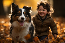 Little Boy And His Dog Playing Outside During Autumn, Best Friends Dog And Child