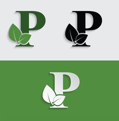 Wall Mural - Green eco letter P leaf template logo natural alphabet	
