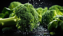 Fresh Green Broccoli With Water Drops On Black Background. Healthy Food.