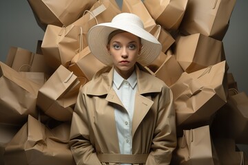 Wall Mural - Creative fashion portrait of stylish female surrounded by craft paper bags