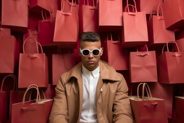 Wall Mural - Stylish attractive man in fashion clothes on red paper bags background. Hot sale shopping concept