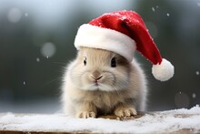 Cute Little Bunny With Santa Hat On Christmas