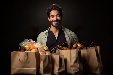 Wall Mural - An attractive confident male portrait with paper shopping bags with groceries