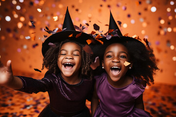 Wall Mural - black little girls in Halloween witch costume on orange background with flying confetti, candid