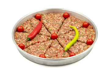 Wall Mural - Minced meat tray kebab isolated on white background. Tray kebab, famous in Hatay city of Turkey. Flavors of Turkey
