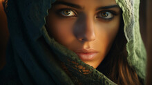 Middle Eastern Woman, Eyes Covered With Decorative Veil, Striking Green Eyes, Soft Light From A Lantern