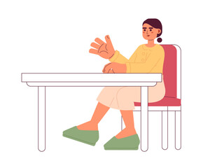 Poster - Latina girl sitting at desk 2D cartoon character. University student hispanic woman gesturing isolated vector person white background. Latinamerican schoolgirl at table color flat spot illustration