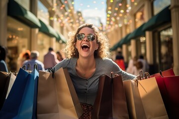 Wall Mural - Happy woman is happy with successful shopping at Black Friday sale in shopping mall