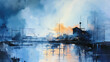 Modern dawn brilliant city harbor abstract oil painting with bold strokes in blue and orange color for Living room bedroom aisle fashion decor, Generative AI