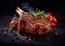 Tomahawk Grilled Beef Steak With Rosemary And Tomatoes On Black.Macro.AI Generative