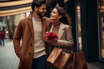 Wall Mural - Attractive couple are happy with successful shopping in shopping mall