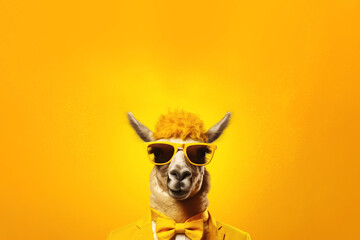 trendy llama in sunglasses over yellow background. Generative Ai