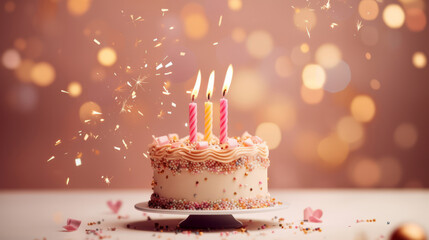 Close-up shot of a decorated birthday cake. Beautiful cake for anniversary or celebration