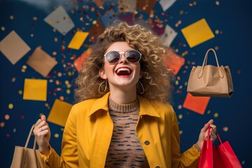 Happy woman is excited with successful shopping at Black Friday sale in shopping mall