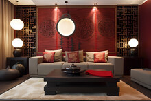 Oriental Style Interior Of Living Room In Modern  Luxury House.