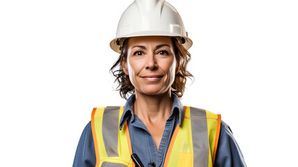 Woman working on a construction site, construction hard hat and work vest, smirking, middle aged or older. Isolated on Transparent background. Front view