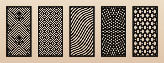 Aufkleber - Laser cut patterns set. Vector collection of rectangular cutting templates with abstract geometric ornament, lines, stripes, mesh, grid, lattice. Decorative stencil for CNC cutting. Aspect ratio 1:2