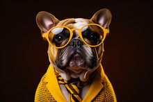 Creative French Bulldog Animal Wearing Glasses With Colourful Background.