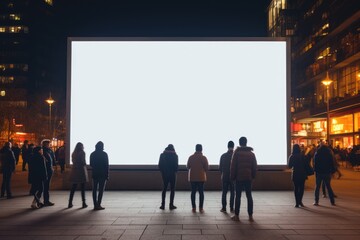 many people looking at blank led billboard mockup in night city street