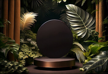 Poster - Tropical jungle background with geometric round golden black podium. Modern minimal graphic design. Summer style