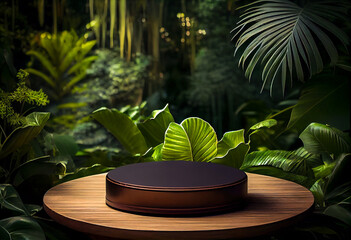 Poster - Exotic tropical jungle background with geometric round golden black podium. Modern minimal graphic design. Summer style