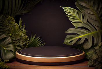 Poster - Geometric round wooden black podium on tropical jungle background. Modern minimal graphic design. Summer style. Cope space