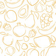 Fruits seamless pattern background in line art style. Strawberry, grapes, banana, avocado, pomegranate, cherry, pear, peach. Hand drawn vector illustration.