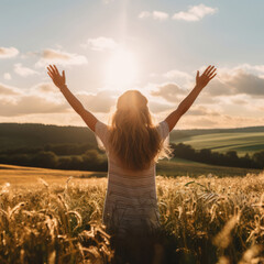 Woman worshiping hands raised to the sunset in open field. Religion concept.