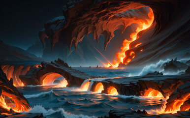 Wall Mural - Artistic image of sea, flames, darkness, realism, futuristic