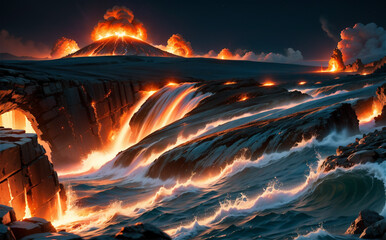 Wall Mural - Artistic image of sea, flames, darkness, realism, futuristic