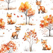 Watercolor seamless pattern with cute foxes in autumn forest