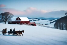 A Scenic Countryside Landscape With A Horse-drawn Sleigh Ride, Rolling Hills, And A Rustic Barn Lit Up For A Holiday Celebration. 