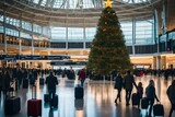 Fototapeta Londyn - a bustling airport terminal with travelers reuniting with loved ones for the holidays, luggage piled high, and a giant Christmas tree. 