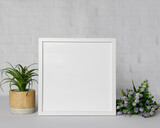 Fototapeta Sypialnia - Minimal wooden picture poster frame mockup on white wallpaper