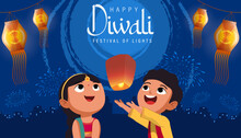Happy Diwali Poster With Indian Kids Flying Lanterns Vector Illustration. Indian Festival Of Lights Design. Suitable For Greeting Card, Banner, Flyer, Template.