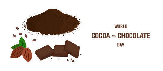 World Cocoa and Chocolate Day. Flat illustration of Cacao beans with green leaves. Cocoa powder, heap of chocolate powder. Chocolate pieces, sweet dessert parts of black chocolate. Vector illustration