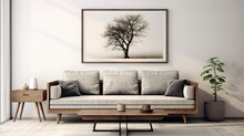 Framed photo on a wall above a fancy gray sofa. 3D rendering interior design. Generative AI