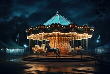 Carousel Horse On A Carousel At The Amusement Park In The Night