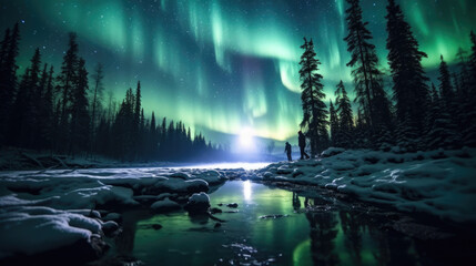 Northern lights at night in winter